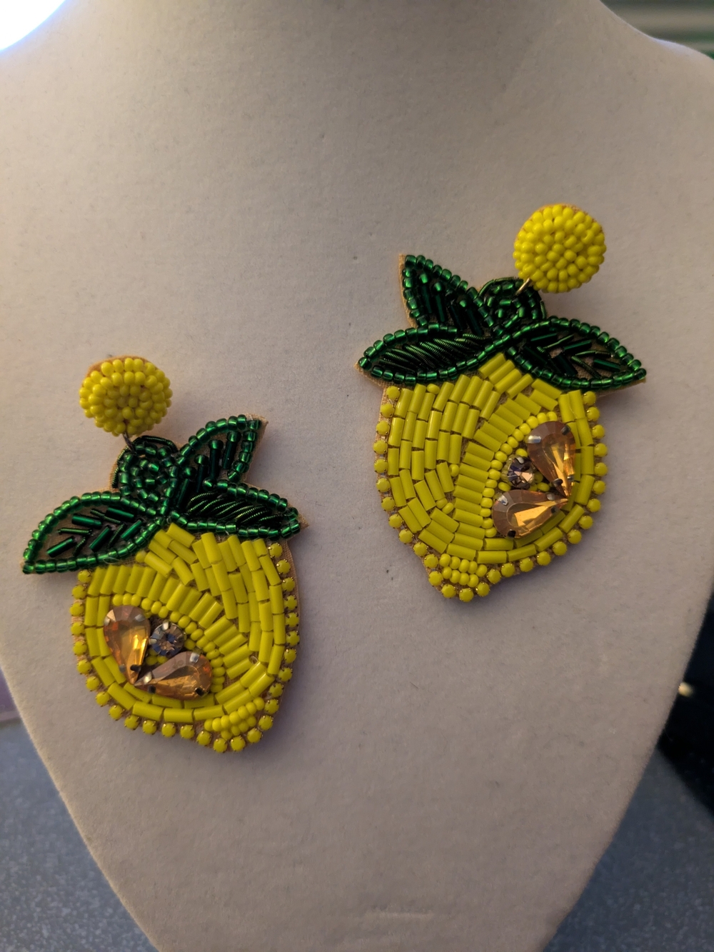 Handcrafted Yellow Lemon Bead Drop Earrings with Green Leaves